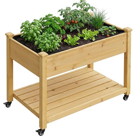 Relaxdays Hochbeet, Rollen, Ablage, HxBxT: 84 x 105 x 56,5 cm, Garten, Balkon & Terrasse, Pflanztisch, Tannenholz, natur