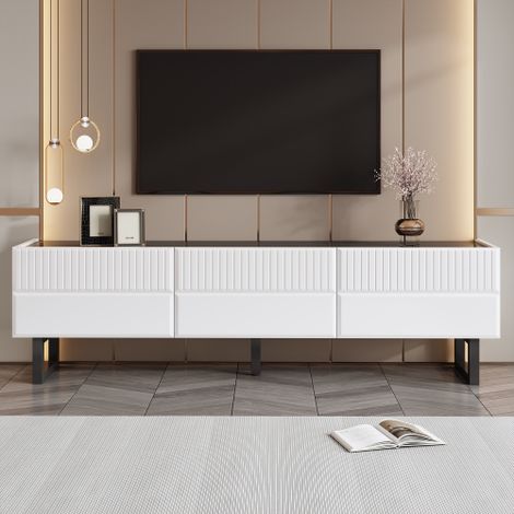 Meuble TV bas à trois tiroirs. Design classique noir et blanc. 170 x 35 x 47 cm (longueur x largeur x hauteur) (1/5)