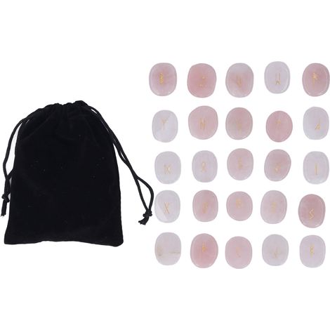 25 pierres runiques naturelles polies lisses gravées, lot de méditation pour divination guérison chakras quartz rose (1/5)
