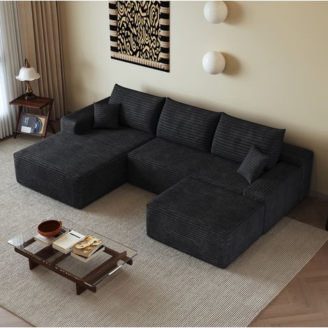 Canapé d’angle modulable 270 cm en tissu noir avec chaise longue en L (1/5)