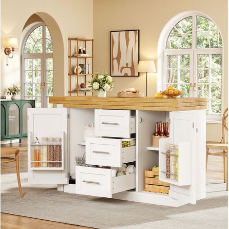 Isla de cocina extensible, 120-197x40x74 cm, blanca, tablero giratorio 360° regulable y gran cajón (1/5)