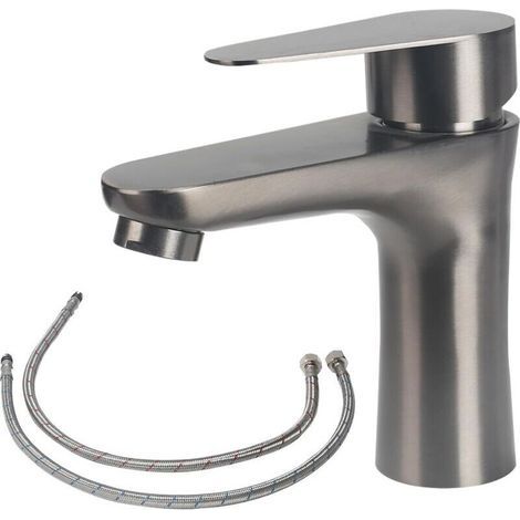 Robinet mitigeur de lavabo en acier inoxydable 304 , robinet de salle de bain avec flexible , robinet d'évier avec accessoires d'installation , savon pour les mains eau chaude et froide (gris) (1/4)