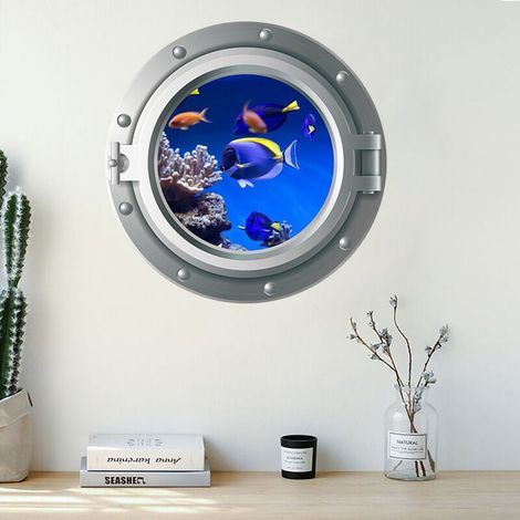 Lot de 2 stickers muraux 35x35cm, 3D hublot tortues sous-marines dauphins stickers muraux chambre d'enfant nurserie salle de bain (1/5)