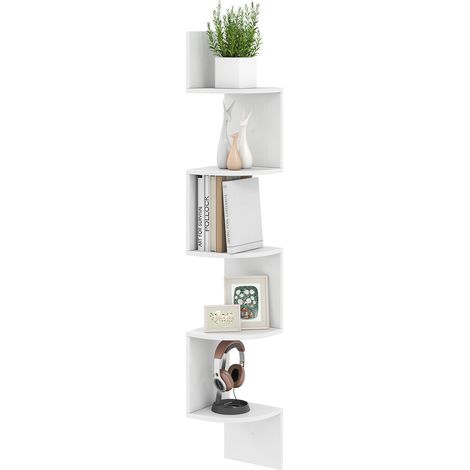 Étagère d'Angle à 5 Niveaux, Étagère Murale Flottante, Design Moderne & Gain de Place pour Salon, Chambre et Cuisine, 20 x 20 x 126 cm, Blanc (1/5)