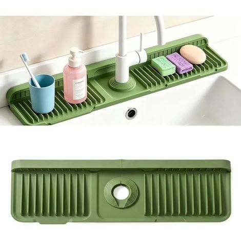Tapis silicone 24 pouces pour évier et robinet de cuisine, pente 7° drainage rapide, auto-séchage, fixation bouton-pression, pliable (1/5)