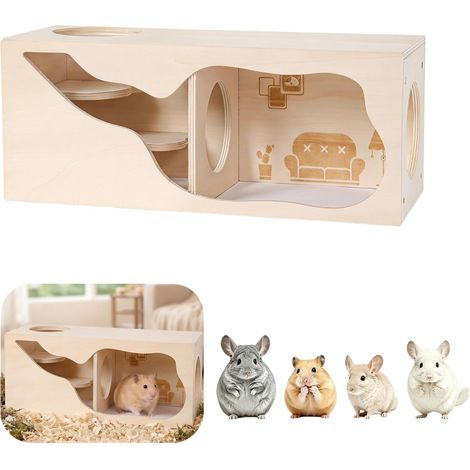 Maison en bois pour hamster avec tunnel, maison de jeu pour hamster nain, hamster doré, gerbille, souris et autres petits animaux (1/5)