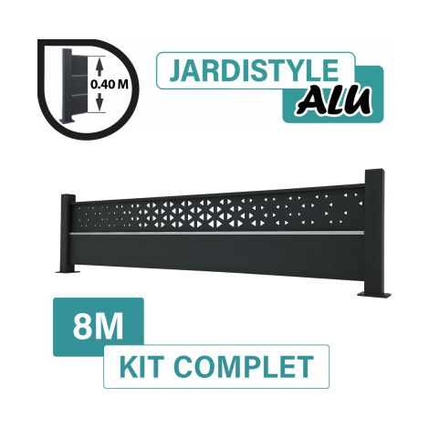 Kit Clôture Aluminium Gris Anthracite 8M - Design Ibiza avec liseré - Sur Platines - 0,40 mètre