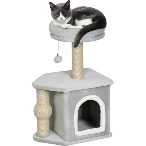 Arbre à chat tour de jeux pour chats, avec poteaux à griffer lit pour chat maison pour chat 42 x 30 x 66 cm gris clair