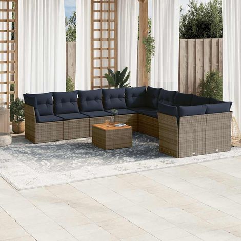 Ensemble de Jardin 11 Pièces en Résine Tressée Gris avec Coussins Bleu Marine, Table en Acacia, Sièges avec Rangement (1/5)