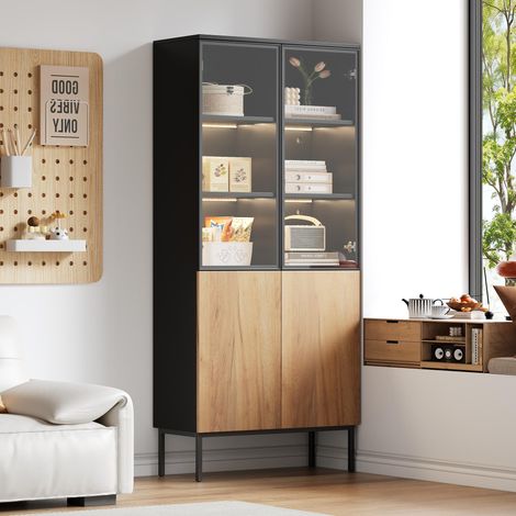 Vitrine en verre 180 cm, éclairage LED intégré, bibliothèque 5 niveaux pour collection, meuble d'exposition noir et chêne, étagère pour bureau (1/5)