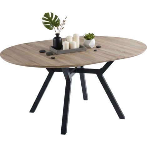 Alfa Mesa Comedor Extensible 120/160 cm Melamina Roble/Negro y Patas Metal - Mesa de Salón Redonda (1/5)
