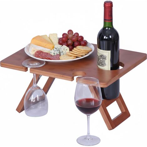 Relaxdays Picknick Weintisch, klappbar, Bambus, HxBxT: 20 x 40 x 30 cm, für 4 Weingläser & 1 Flasche, Weintablett, braun