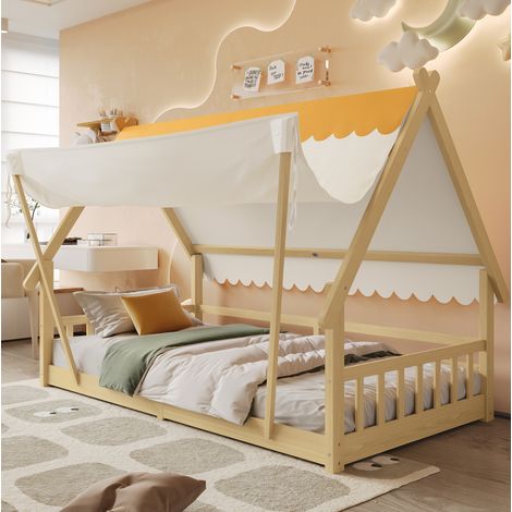 Letto per bambini in legno massello bianco e naturale 90x200 cm con tenda rimovibile, sponde di sicurezza e rete a doghe (1/5)