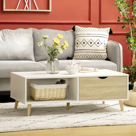 Mesa de Centro Rectangular Mesa con 2 Cajones y Compartimientos Abiertos Estilo Nórdico 106x58x39,5 cm Blanco (1/5)