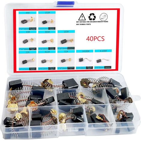 Escobillas de carbón para motores eléctricos, 40 unidades, 10 tamaños. Escobillas de carbón para martillos neumáticos, amoladoras angulares, motores eléctricos y batidoras de huevos. (1/5)