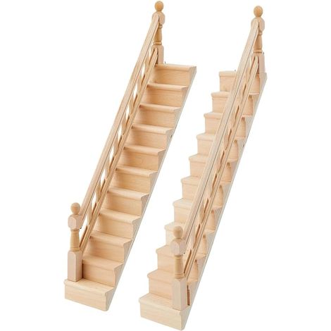 Lot de 2 escaliers miniatures pour maison de poupée - Échelle 1:12 - En bois - Décoration miniature - Avec garde-corps simple côté droit - Meubles - Mini accessoires de maison pour scènes (1/5)