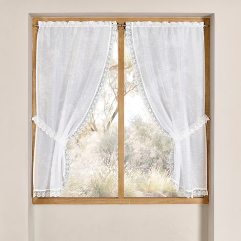 Paire de vitrages bonne femme avec finition macramé Blanc 65x120 cm