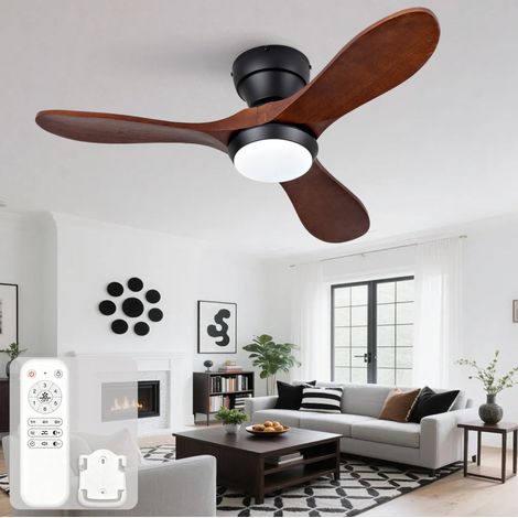 Ventilateur de plafond 90 cm en métal et bois noir, 6 vitesses, moderne pour salon FLORAGRACE (1/5)