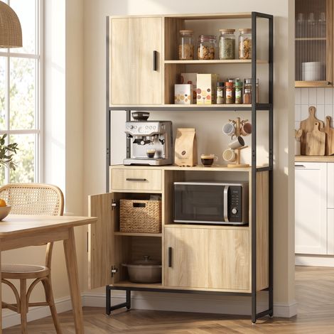 Buffet Haut Cuisine, Armoire de Cuisine, 3 Portes à Fermeture Douce, Tiroir, Plan de Travail, Niches Ouvertes, Naturel (1/5)
