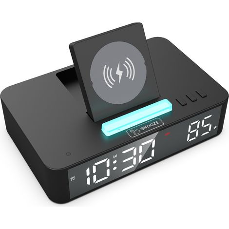 Réveil Digital LED Miroir Chargeur Sans Fil 10W Lumière RGB Affichage Température Mode Snooze Design Élégant Noir ou Blanc (1/5)