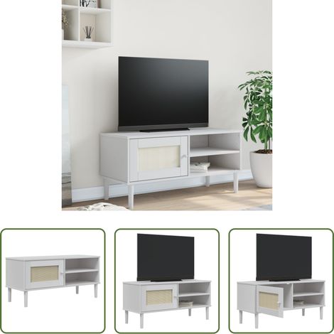 Bois de pin -  Meuble TV SENJA aspect rotin blanc 106x40x49cm bois massif pin (1/5)