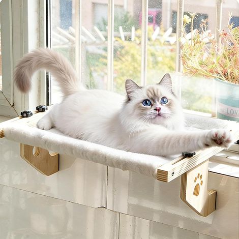 Hamac pour chat - 50 x 38 cm - Chaise longue pour rebord de fenêtre - Montage mural - Rebord de fenêtre - Chaise longue pour chat avec tapis en fourrure de lapin - Pour chats jusqu'à 14 kg (1/5)