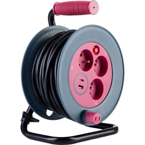 – Enrouleur électrique 3 prises 2P+T et 2 USB-A/C – Câble 12m – Coupe-circuit intégré – Acier galvanisé anti-corrosion (1/3)