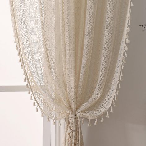 Lot de 2 Rideaux au Crochet à Pompons Style bohème pour Salon – Style Vintage bohème avec Passe-Tringle et Dentelle tricotée à Rayures filtrant la lumière – 213 cm de Long – pour Chambre à (1/5)