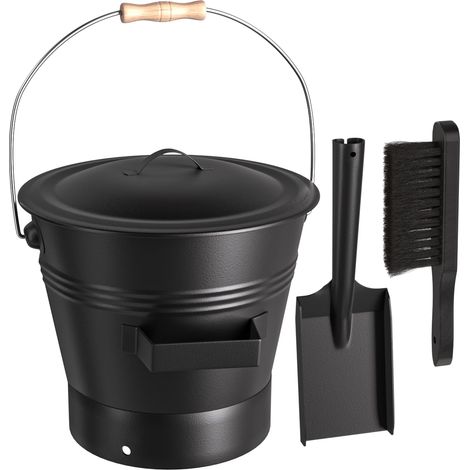 Seau à Charbon Rond 10L avec Couvercle, Pelle et Balayette Set d'Accessoires de Nettoyage pour Cheminée, Poêle à Bois et Foyer Design Compact et Pratique (1/5)