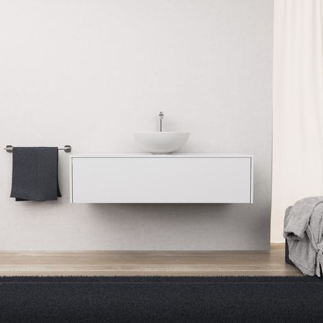 Inda - Badezimmerschrank mit 1 Schublade, L. 120, mit Aufsatzwaschbecken / Glänzendes Weiß – diamante