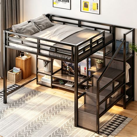 Letto a soppalco 251x96x174 cm, con supporto TV e presa, scala contenitore, metallo e MDF nero (1/5)