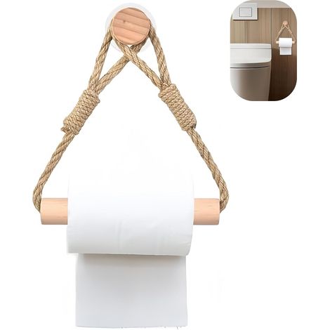 Porte-Rouleau de Papier Toilette Auto-adhésif en Corde de Jute et Bois, Derouleur Papier Toilette Murale Bois, Porte Papier Toilette sans Percage - Accessoires Écologiques pour Salle de Bain (1/5)