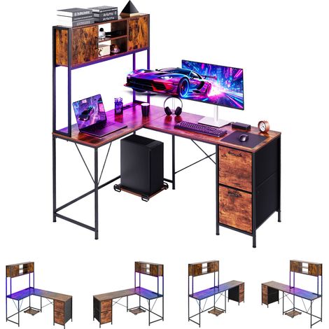 VEVOR Bureau Gaming Angle Eclairage LED Bureau en L Reversible 1,58 m Table deOrdinateur PC pour Teletravail, avec Prises Electriques, Support pour Unite Centrale Amovible, Tiroirs Rangement, Moderne (1/5)