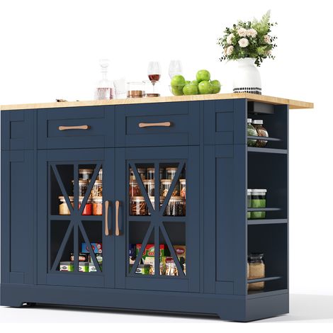 Carrello Da Cucina con 2 Ante in Vetro, 1 Cassetto, 6 Ripiani Aperti, Piano Pieghevole e Porte USB con Ruote, in MDF, 120 x 40 x 92 cm, Blu e Naturale (1/5)