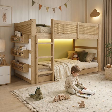 Lit superposé enfant 90x200 cm avec LED, escalier, barrières et pin MDF naturel
