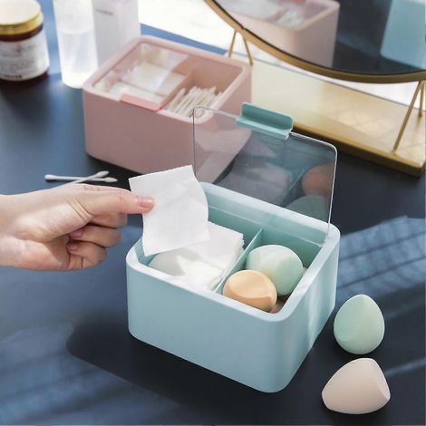 Boîte de rangement cosmétique en plastique anti-poussière à double compartiment avec couvercle pour maquillage, cotons-tiges et fil dentaire, bleue (1/5)