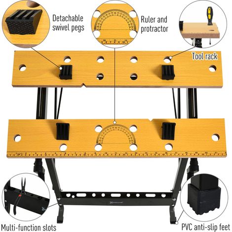 Établi de menuisier pliable et réglable avec cadre en acier, capacité de 100 kg, idéal pour les travaux de bricolage à domicile. (1/5)