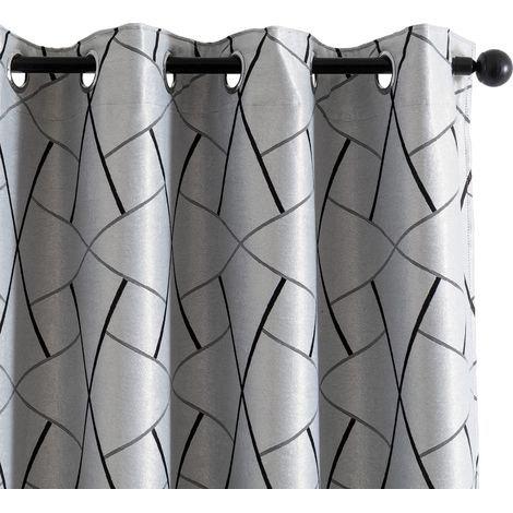 Paire de rideaux gris semi-occultants fantaisie géométrique noire pour salon, chambre, bureau, balcon, porte fenêtre, 2 panneaux avec œillets (gris et noir, 140 x 280 cm) (1/5)