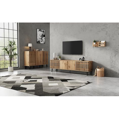 Meuble télévision 180x40x55 cm et buffet 150x40x95 cm en bois massif – 8 tiroirs et 6 tablettes, portes incluses, base solide, idéal pour séjour et chambre (1/5)