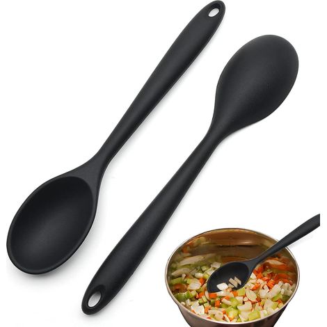 2 Pièces Cuillere en Silicone Cuisine, Cuillère à Mélanger en Silicone Résistantes à la Chaleur Anti-adhésives Ustensiles de Cuisine pour Mélanger, Remuer, Cuisson, (Noir) (1/5)
