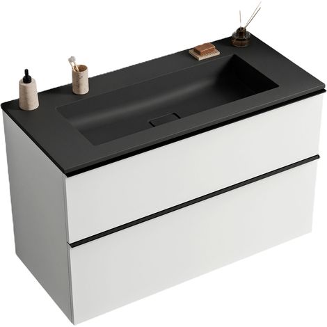 Unterschrank Bernstein LAVOA 80 cm mit Mineralguss Waschbecken BRUXELLES - Badmöbelfarbe Weiß matt, Griff Schwarz matt, Waschbecken Schwarz matt ohne Hahnloch