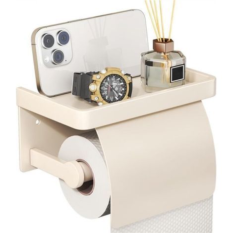 Off-white, wall-mounted toilet paper holder with storage rack, made of rust-resistant, multifunctional aerospace-grade aluminum. (1/4)