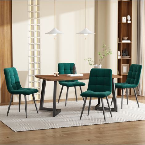 Set comedor 5 piezas, mesa 117x68x75 cm MDF nogal y 4 sillas terciopelo verde oscuro, patas metal (1/5)