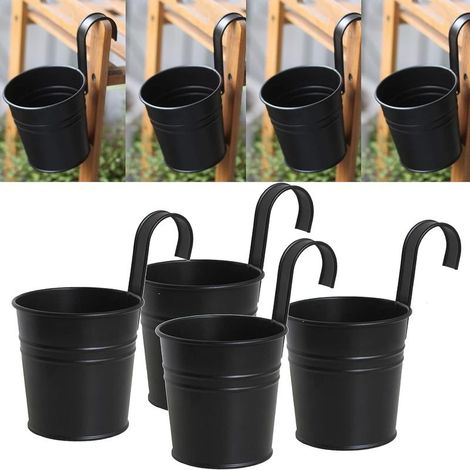 Lot de 4 pots de fleurs suspendus en métal noir – Crochet amovible – Diamètre 10 cm – Hauteur 8 cm – Pour balcon, jardin, intérieur, extérieur (1/5)