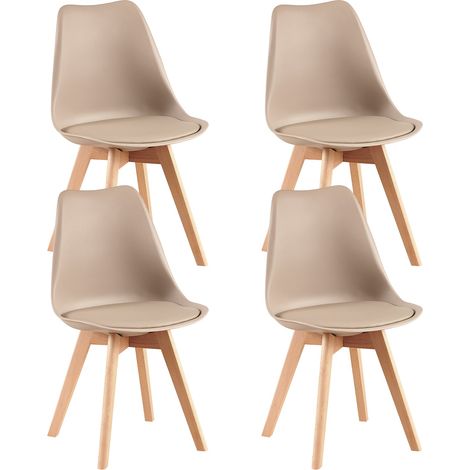Lot de 4 Chaises de Cuisine Rétro Rembourrée Chaise de Salle de Bureau, Pieds en Bois de Hêtre Massif--Kaki clair (1/5)