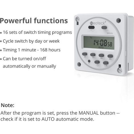 12V 16A Prise Programmateur Digital à 16 Programmes Horloge Programmable Minuteur Prise Electrique avec LCD Affichage Numérique Antivol avec Boîtier Étanche/Ensemble de Borniers de Co (1/4)