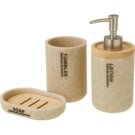Set Bagno 3pz Con Dispenser Sapone Bicchiere Portaspazzolini Poliresina e Legno (1/5)