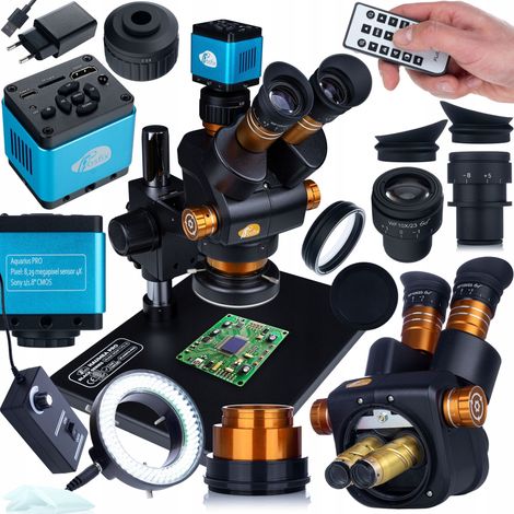 Set Microscopio Professionale Haumea PRO Black Series con Camera 4K USB-C e Illuminatore LED 144x – Zoom 6,5–58x  Oculare WF10x/23  Per PCB, SMD, Servizio, Educazione