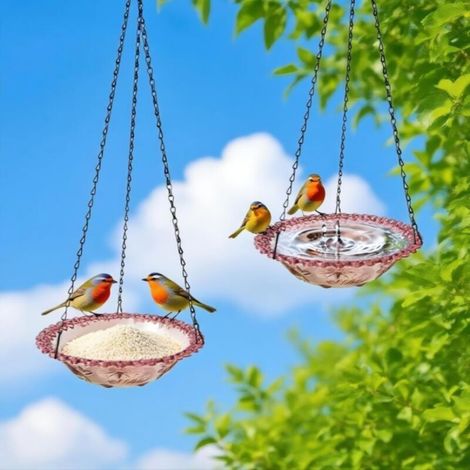 Set of 2 Hanging Bird Baths, Outdoor Hanging Feeders, Bird Water Bowl, Garden Decoration, Purple (1/5)