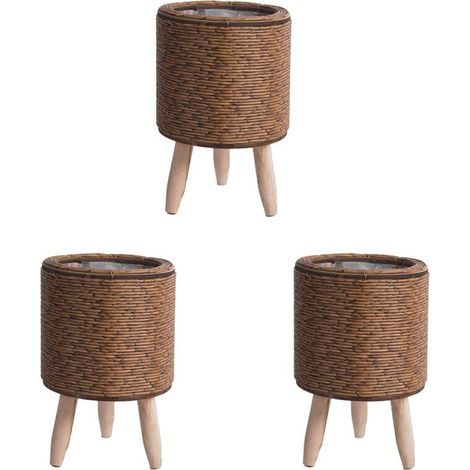 3X Jardinières à Fleurs Tissées en Rotin Imitation Vintage, Panier de Rangement Fait à la Main avec Pieds en Bois, Support pour Pot de Fleurs, F (1/4)